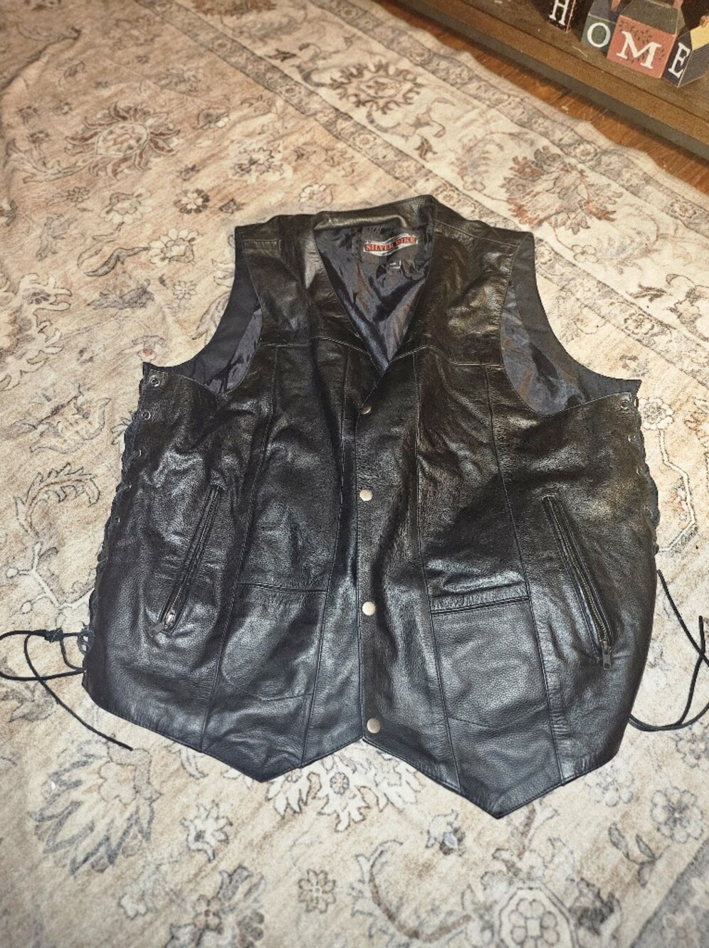 Men's Black Leather Riding Vest with Snap Front
